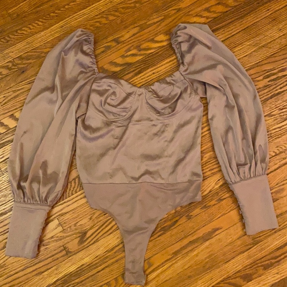 Missguided purple, satin, bodysuit.